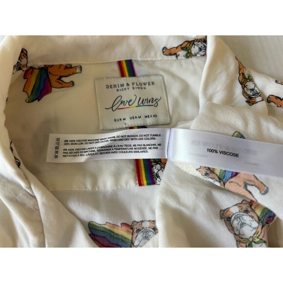 Denim & Flower Ricky Singh Shirt Mens Sz M Beige Bulldog Pride Rainbow Button-Up - Picture 6 of 6
